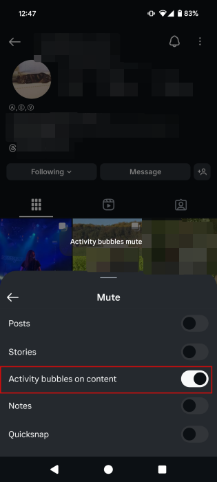 Enabling "Activity bubbles on content" option in Instagram app.