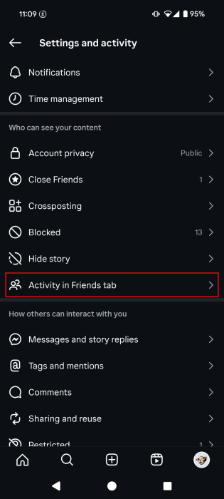 Selecting "Activity in Friends tab" option in Instagram app settings. 