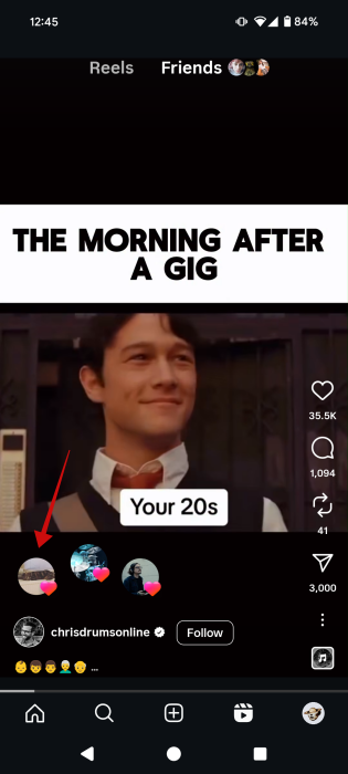 Tapping an activity bubble in Instagram Friends feed. 