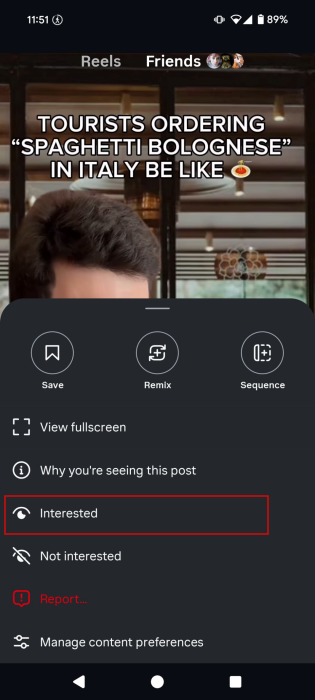 Selecting "Interested" option for Reel on Instagram. 