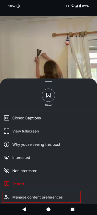 Tapping on "Manage content preferences" for Reel in Instagram app. 
