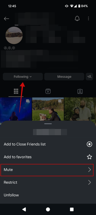 Selecting "Mute" option on Instagram user profile. 