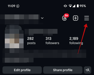 Tapping on hamburger menu in Instagram app. 