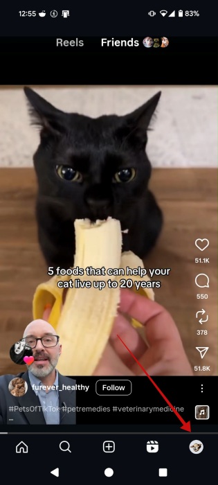 Tapping on profile picture in Instagram app. 