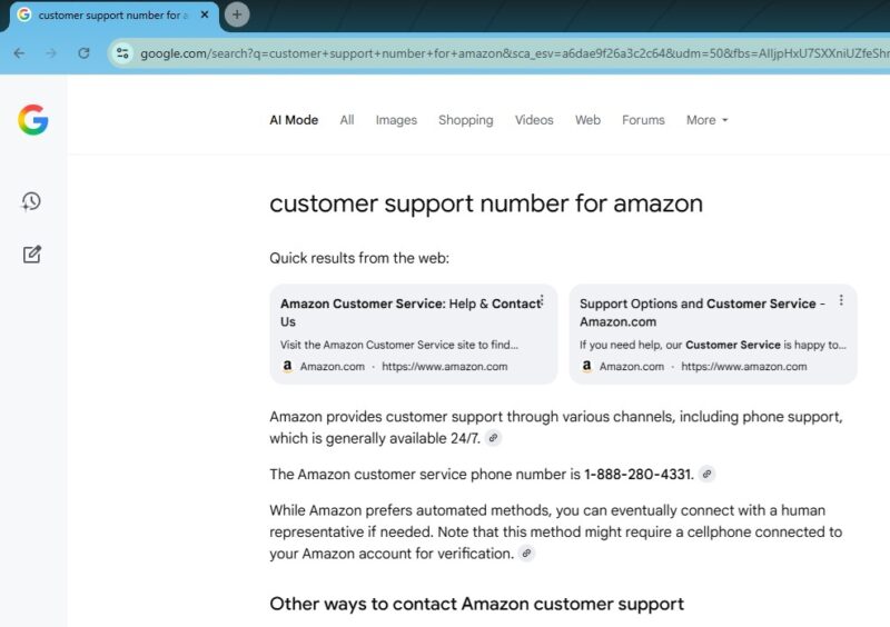 Searching Google AI mode for customer support for Amazon.