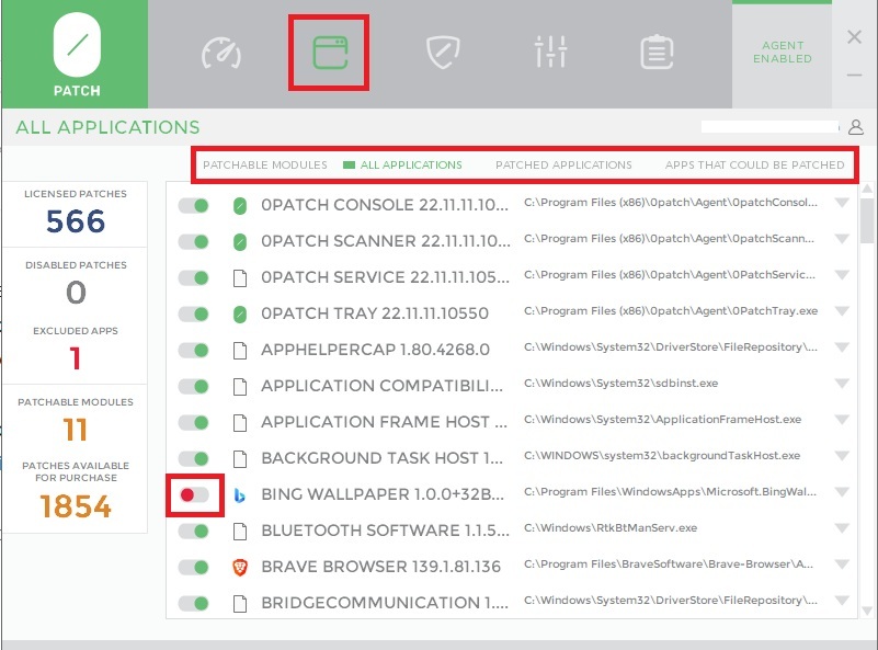 Viewing applications available to patch.