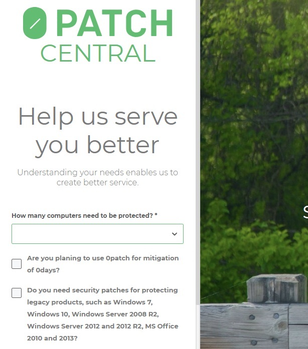 Signing up for 0Patch.