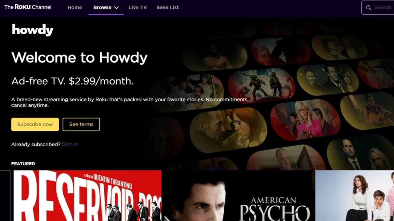 Howdy sign up page on Roku.