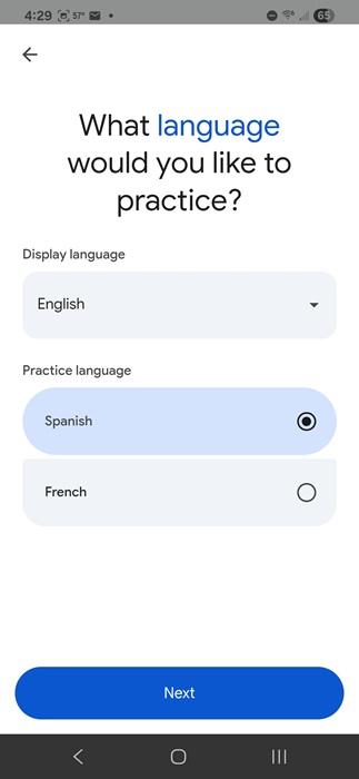 Choosing your language to learn.