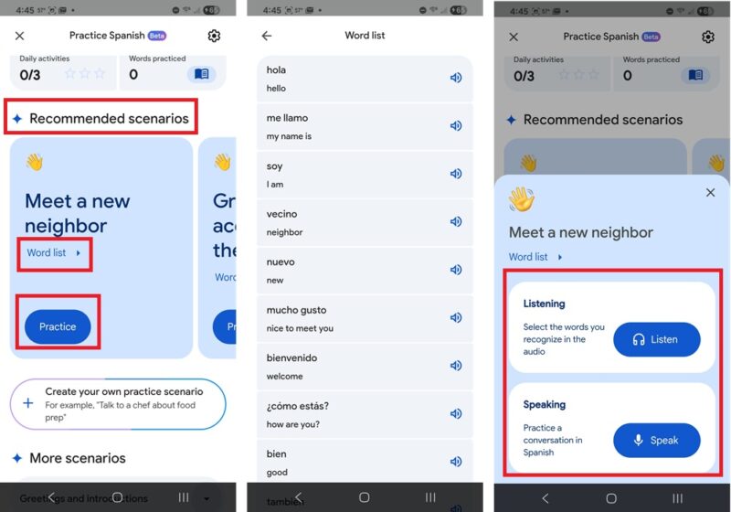 Learning a language with a recommended scenario.