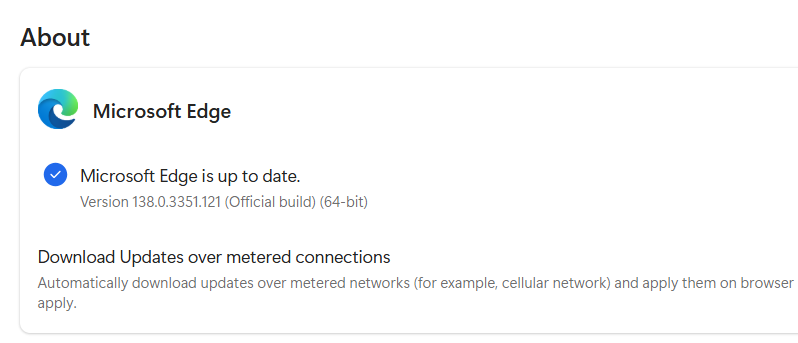 Microsoft Edge About Page showing Edge's version