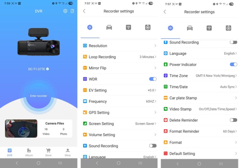 Viewing RoadRec app settings.
