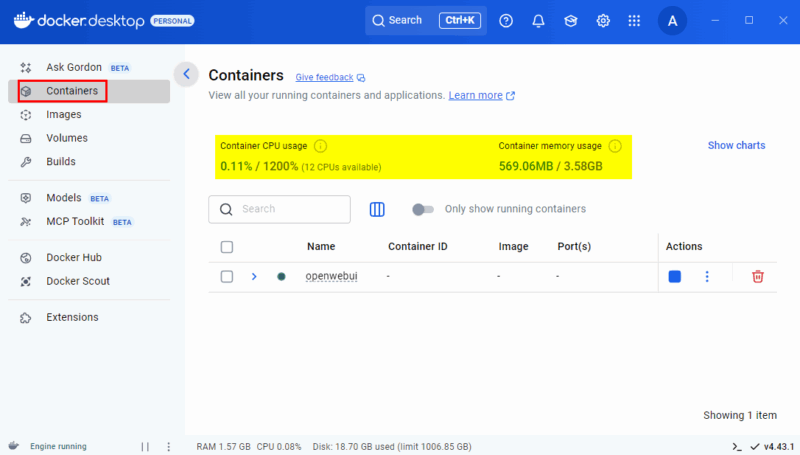 Monitor Resources Docker Desktop UI