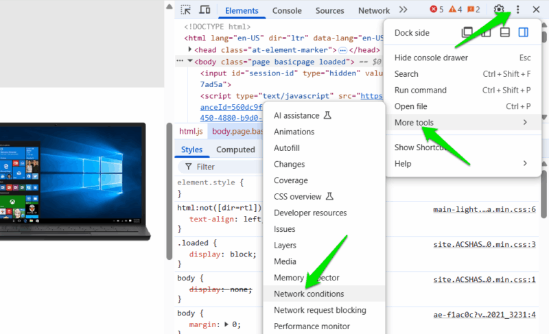 Network Conditions option in Developer tools