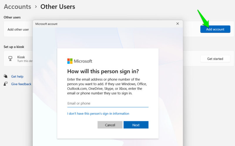 Creating New Account in Windows 11