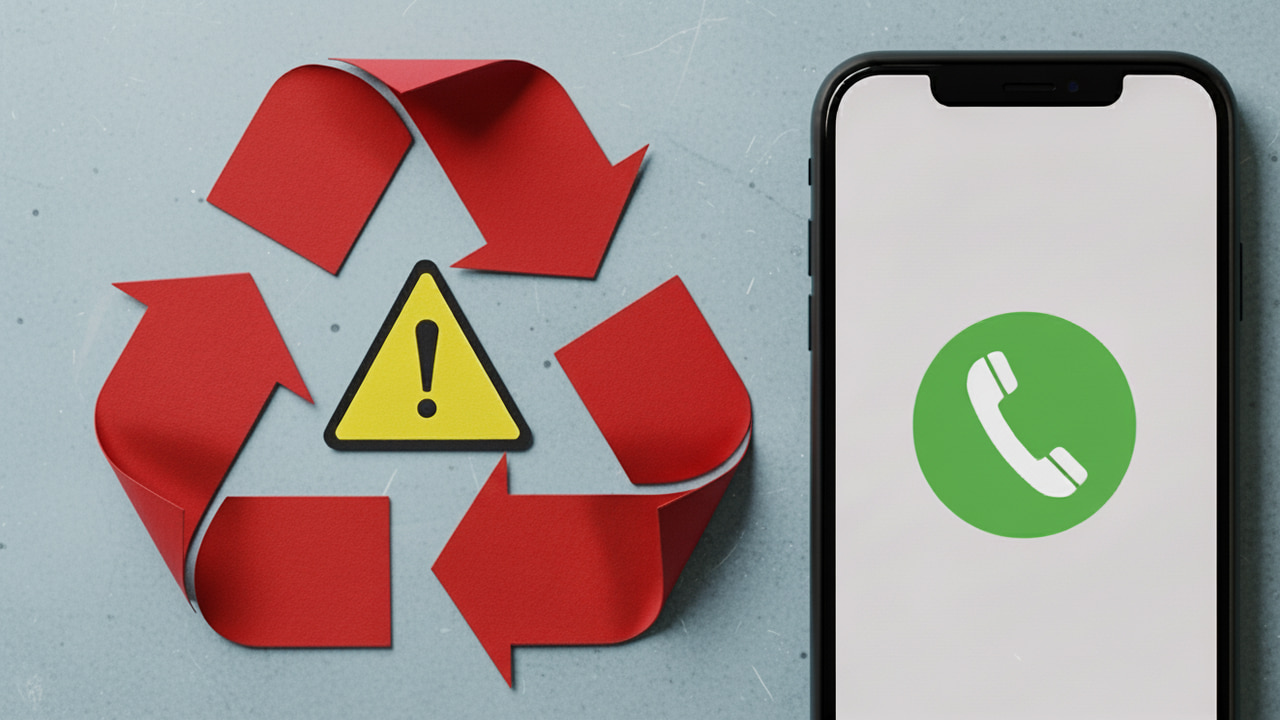 A phone with a red recycle icon next to it
