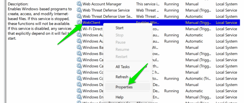 Webclient Service menu showing properties