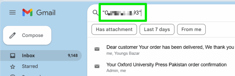 Searching in Gmail with search bar in focus