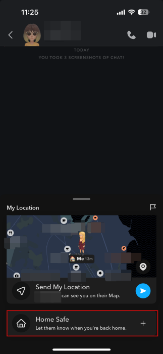 Selecting "Home Safe" option in Snapchat app. 