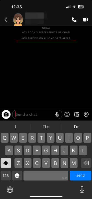 Viewing "You Turned on a Home Safe Alert" notifications in Snapchat chat. 
