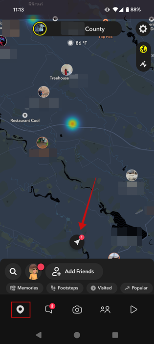 Tapping on arrow in Snapchat app to go to your location. 