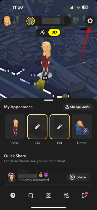 Tapping on gear icon on Bitmoji page in Snapchat.