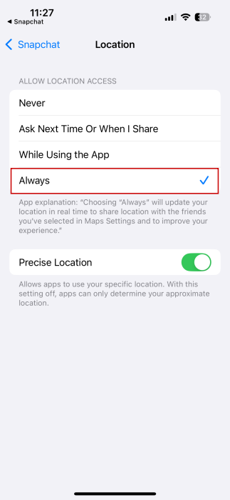 Switching Location permissions to "Always" on iPhone. 