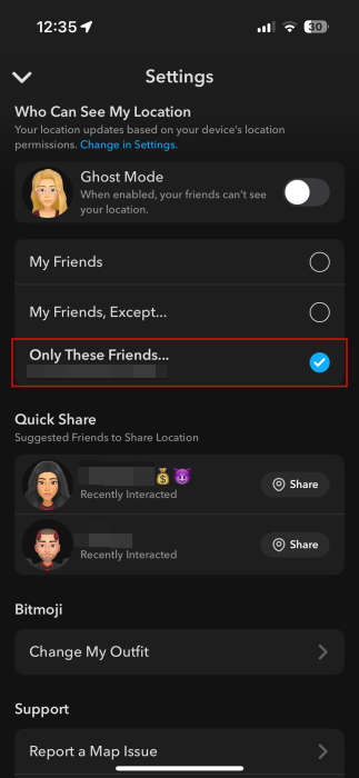 Tapping on "Only These Friends" to select which people you share your location info in Snapchat with. 