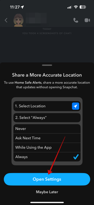 Tapping on "Open Settings" button in Snapchat app. 