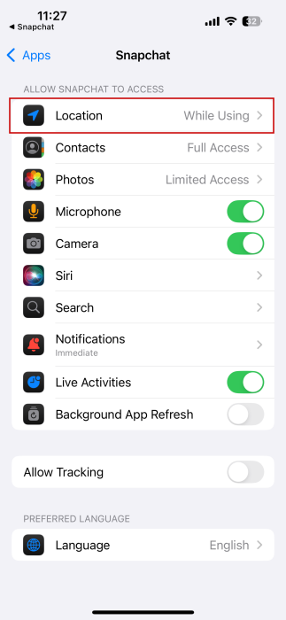 Tapping on "Location" in iPhone Settings app. 