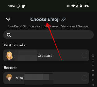 Tapping on "Choose Emoji" option in Snapchat. 