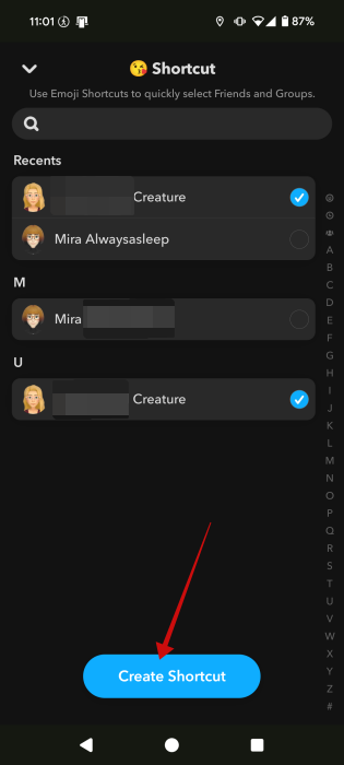 Tapping on "Create Shortcut" button in Snapchat app. 