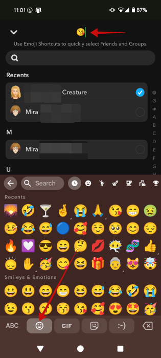Naming new shortcut with emoji in Snapchat app. 