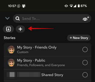 Pressing the "+" button in Snapchat Send To screen. 
