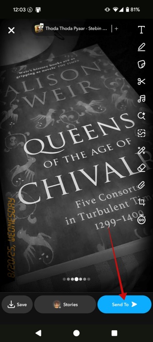 Pressing "Send To" button to send snap. 