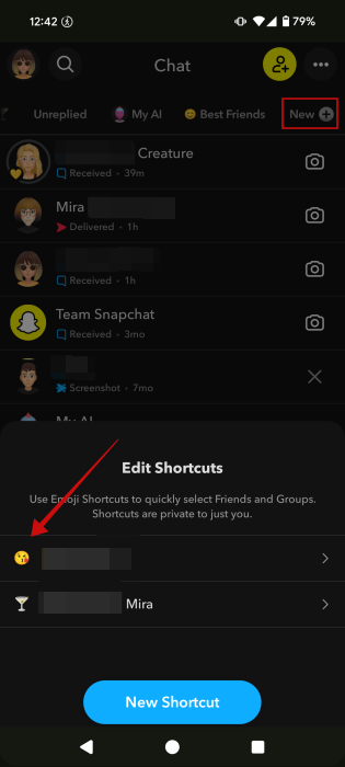 Tapping on shortcut to edit it in Snapchat app.