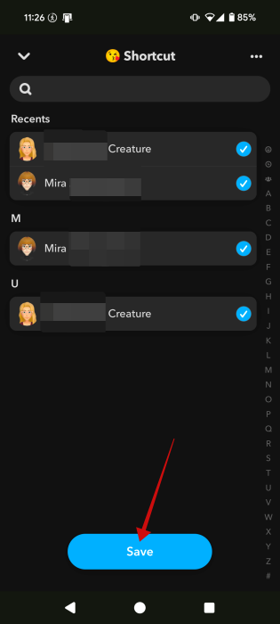 Saving shortcut after editing in Snapchat app. 