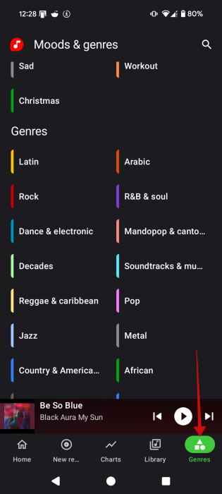 Genres tab view in SimpMusic app on Android.