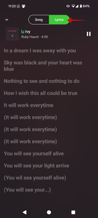 Switching to Lyrics in SimpMusic app on Android.