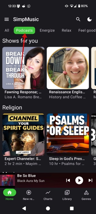Switching to "Podcasts" in SimpMusic app on Android. 