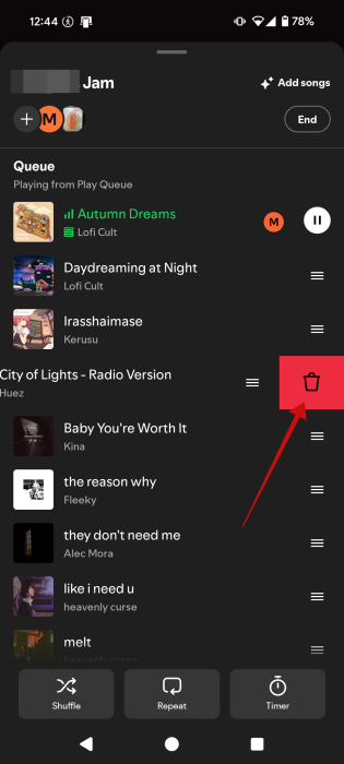 Deleting a song from Jam on Spotify mobile app. 