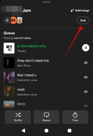 Tapping "End" button in Jam in Spotify app. 