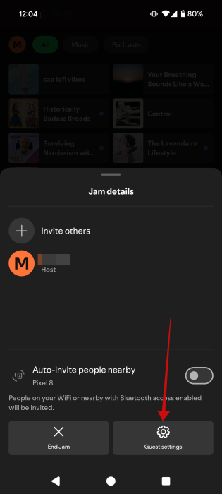 Selecting "Guest settings" for Jam in Spotify app. 