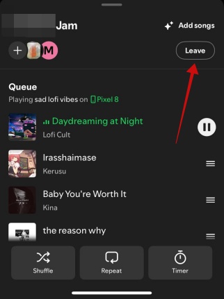 Pressing "Leave" button from Jam in guest Spotify mobile account. 