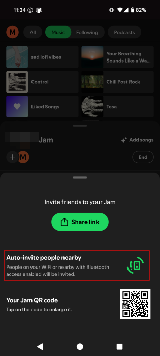 Turning on "Auto-invite people nearby" in Spotify mobile app. 
