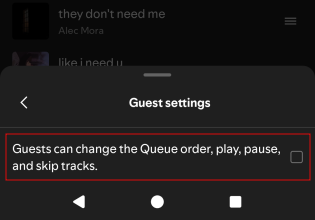 Disabling "Guests can change the queue order, play, pause, and skip tracks" for Jam in Spotify app. 