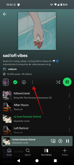 Pressing thee-dot button in Spotify playlist page in mobile app. 