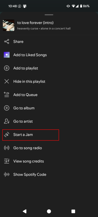 Selecting "Start a Jam" from playlist in Spotify mobile app. 