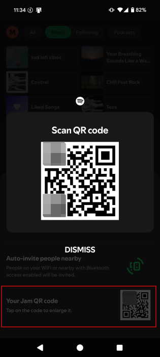 Tapping on Jam QR code in Spotify mobile app. 
