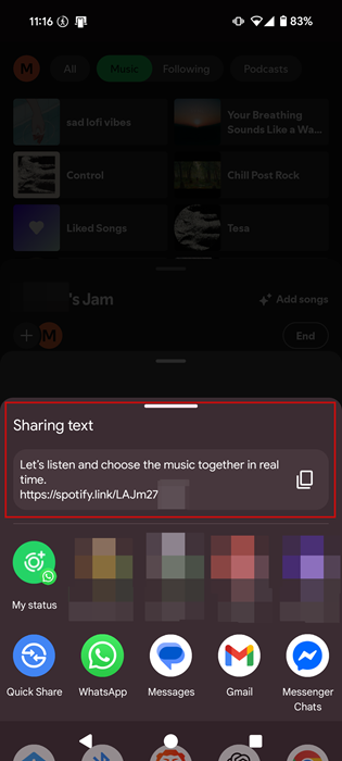 Sharing Jam link options in Spotify mobile app. 